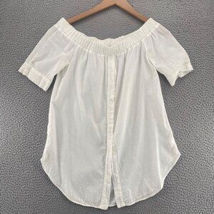 Heather Top Womens Medium Ivory Off Shoulder Short Sleeve Button Front Cotton